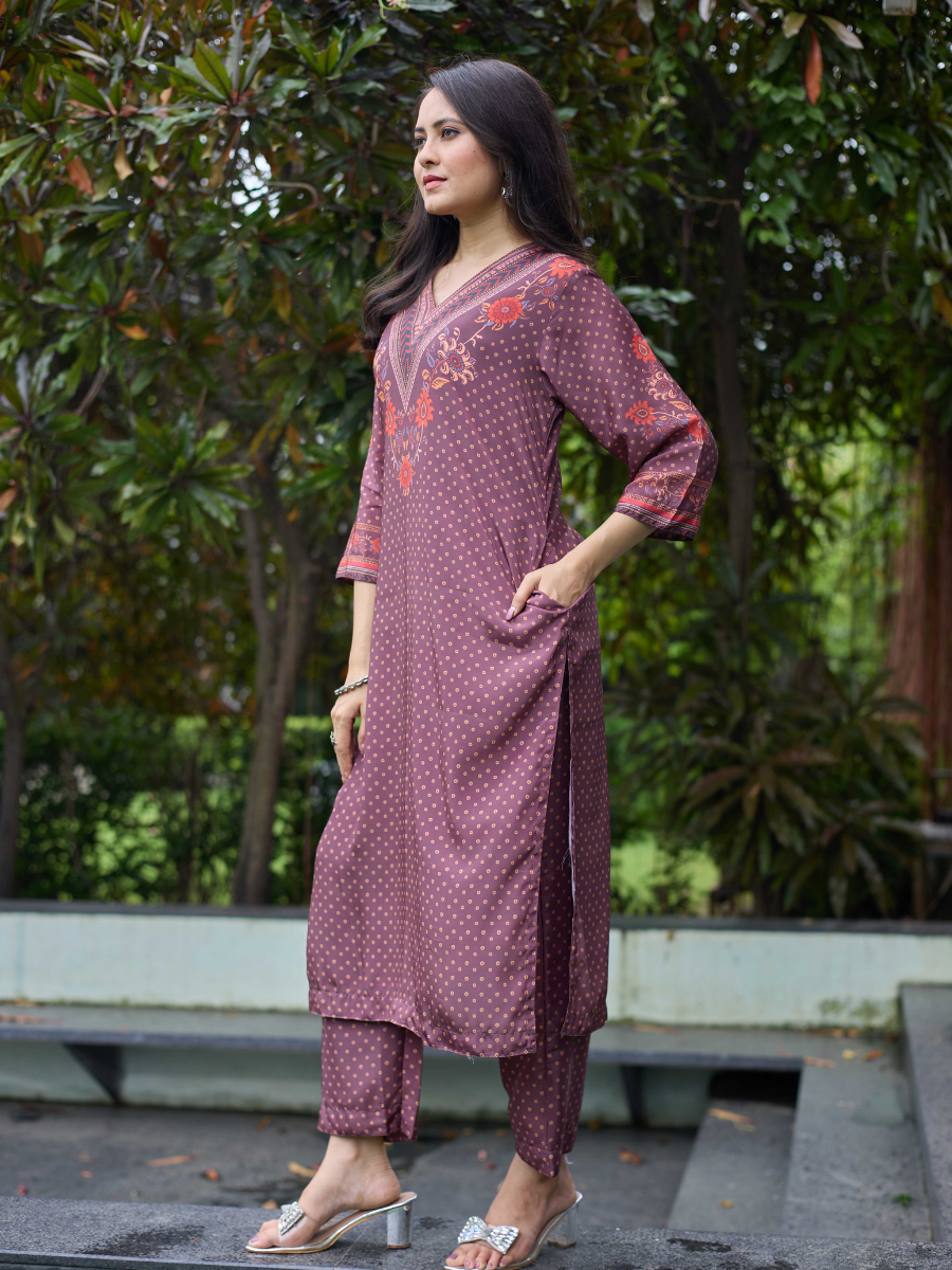 Kaaya Plum Printed Crape Co-Ord Set | Soft Crape Kurta with Pants for Women